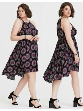 Torrid Black Medallion Polka Dot Halter Hi-Low Dress Sz 2X, Purple Pink Challis